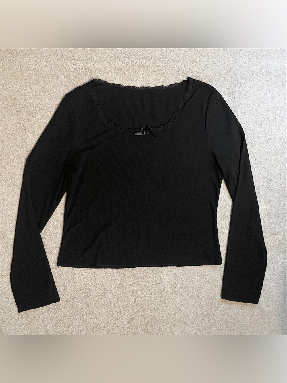 SHEIN Black Ribbed Lace-Trim Long Sleeve Top with Bow Detail